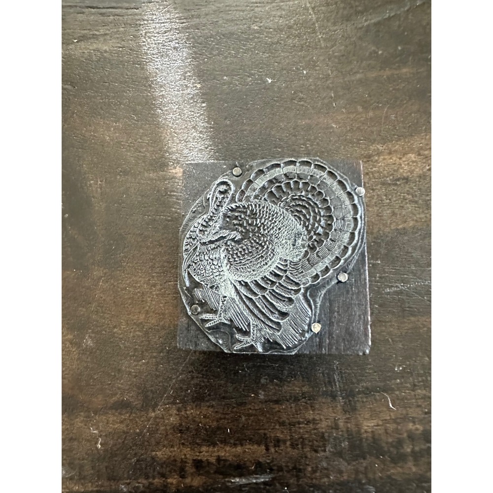 Vintage Turkey Printing Block Wood Mounted Metal Letterpress Stamp Thanksgiving